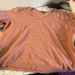 Roamans 4X 34/36 Pink Long Sleeve Pearl V Neck Sweater